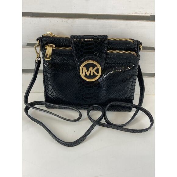 MICHAEL KORS, SMALL BLACK ANIMAL PRINT LEATHER CROSSBOY BAG - Picture 1 of 14